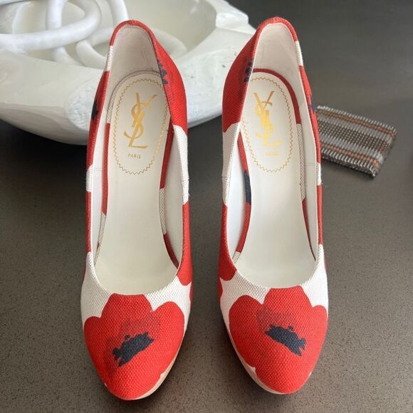 YSL Red Floral Canvas Wedge Heels - Size 40 - Picture 1 of 10